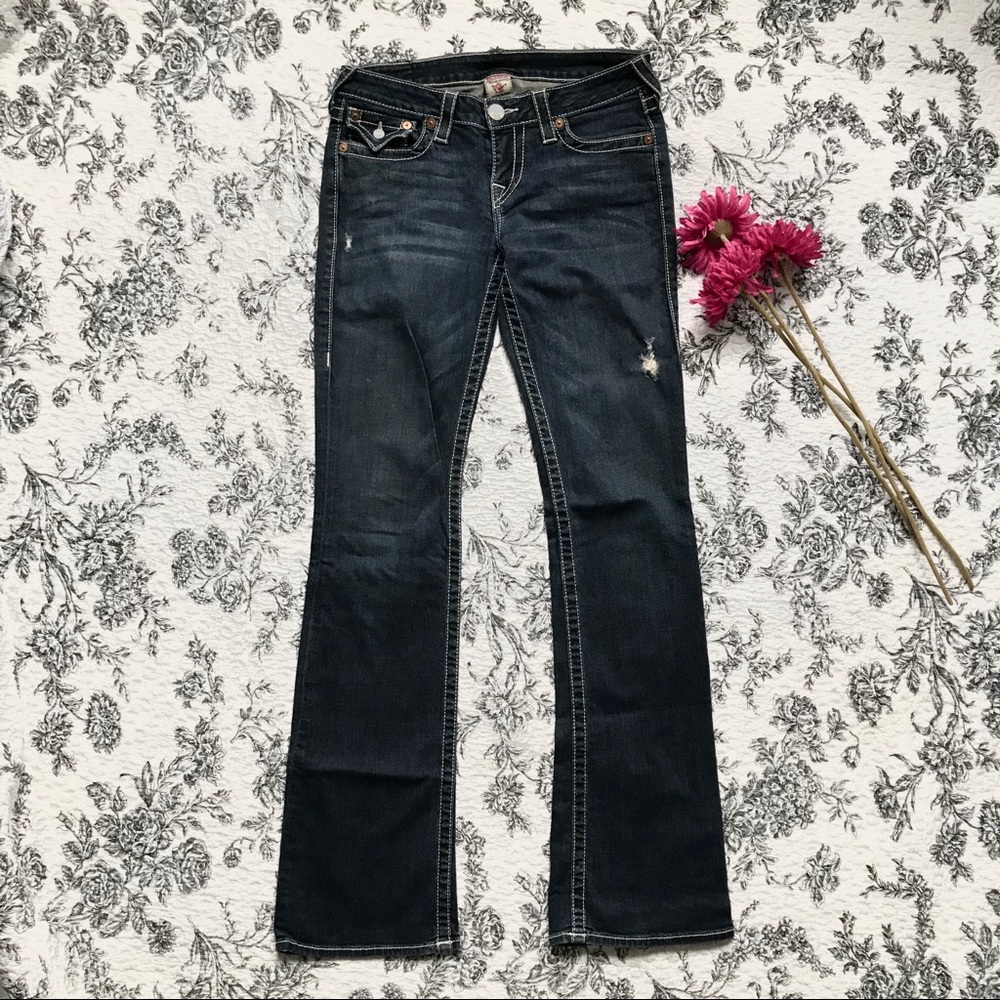 True Religion distressed hi-rise boot dark denim